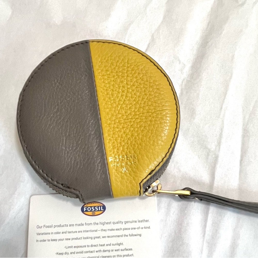 FOSSIL Sofia Zip Coin Case Round Wallet - gray + yellow leather